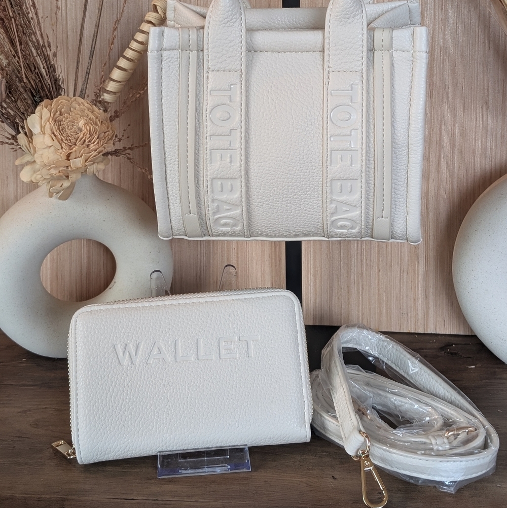 Mini White Tote Bag Adjustable Removable Crossbody Strap And Matching Wallet.